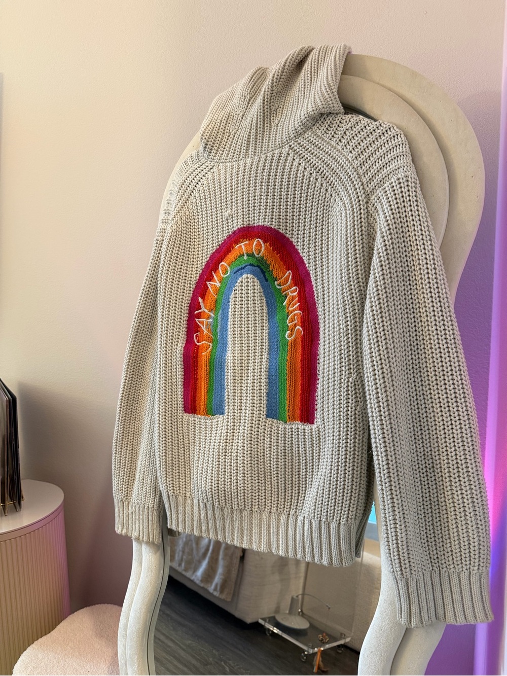 Zadig & Voltaire Cream Hooded Knit Sweater with Rainbow Arch